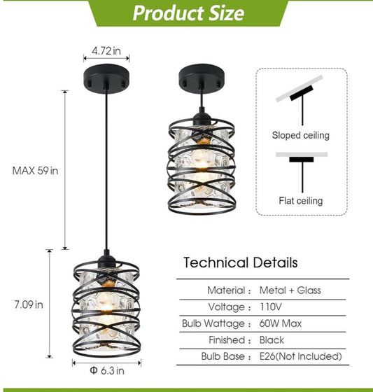Hammered Glass Pendant Light with Black Metal Spiral Cage | Adjustable Hanging Light Fixture - Horizon Endless