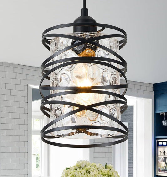 Hammered Glass Pendant Light with Black Metal Spiral Cage | Adjustable Hanging Light Fixture - Horizon Endless