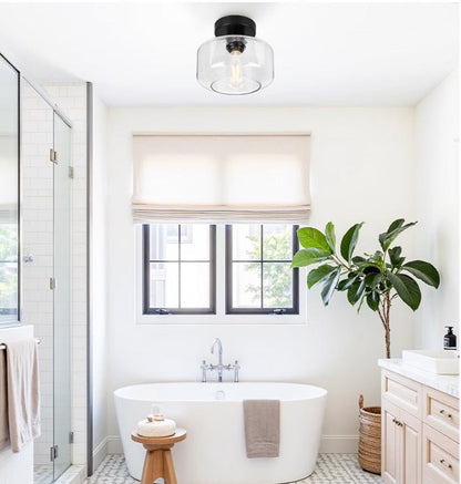 Industrial Farmhouse Semi-Flush Mount Light – Black Seeded Glass Fixture - Horizon Endless