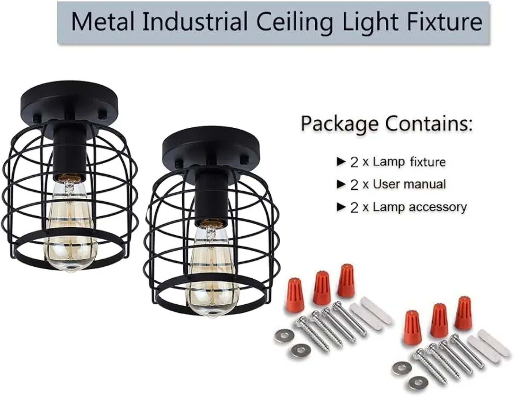 Vintage Industrial Black Metal Ceiling Light, Flush Mount Lighting Fixture, Pack of 2 - Horizon Endless