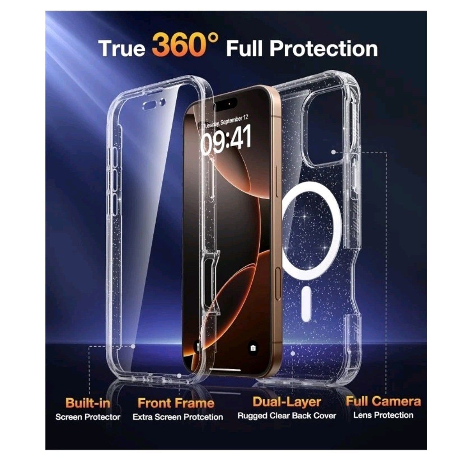 Iphone 16 Pro Mag Case Clear Glitter, with Screen Protector - Horizon Endless