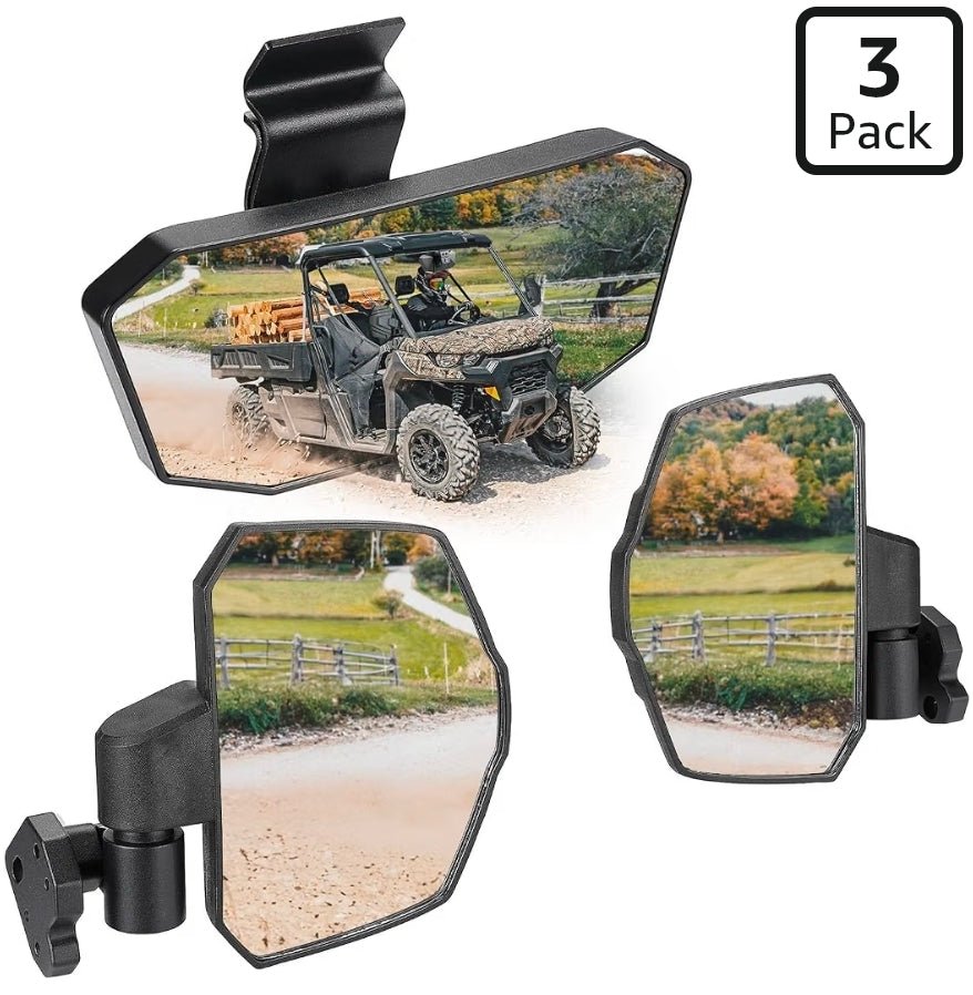 KEMIMOTO Rear View Mirror and Side Mirrors Compatible with Can-Am Defender Breakaway Design, 360° Adjustable, Convex Glass, Roof & Windshield Compatible, No-Drill Installation - Horizon Endless