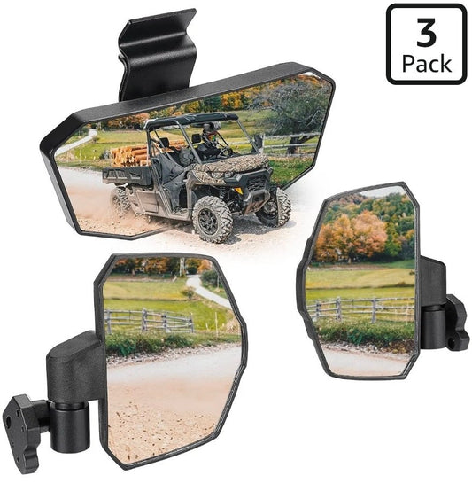 KEMIMOTO Rear View Mirror and Side Mirrors Compatible with Can-Am Defender Breakaway Design, 360° Adjustable, Convex Glass, Roof & Windshield Compatible, No-Drill Installation - Horizon Endless