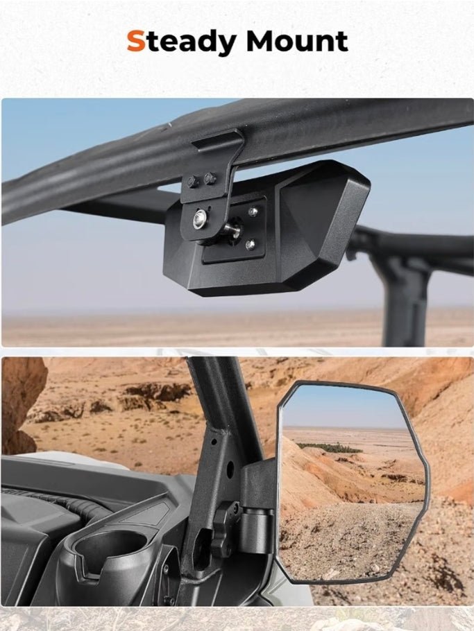 KEMIMOTO Rear View Mirror and Side Mirrors Compatible with Can-Am Defender Breakaway Design, 360° Adjustable, Convex Glass, Roof & Windshield Compatible, No-Drill Installation - Horizon Endless