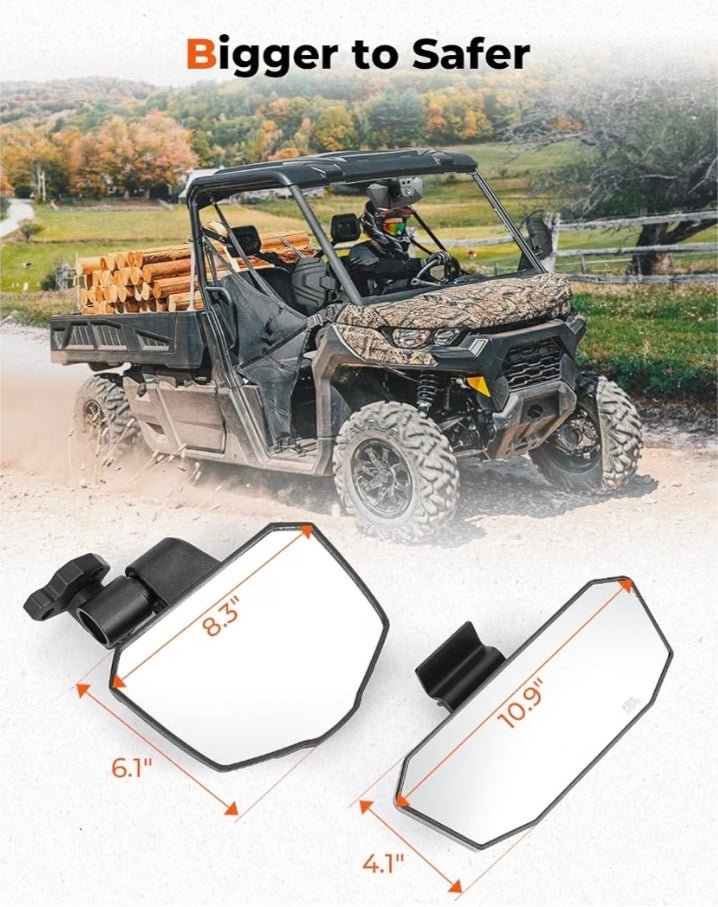KEMIMOTO Rear View Mirror and Side Mirrors Compatible with Can-Am Defender Breakaway Design, 360° Adjustable, Convex Glass, Roof & Windshield Compatible, No-Drill Installation - Horizon Endless