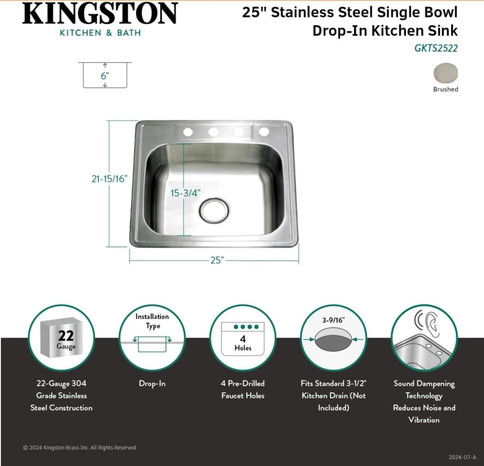 Kingston Bras Gourmetier 22 Gauge 4 Holes Self-Rimming Single Basin Sink 25x22x6 - Horizon Endless
