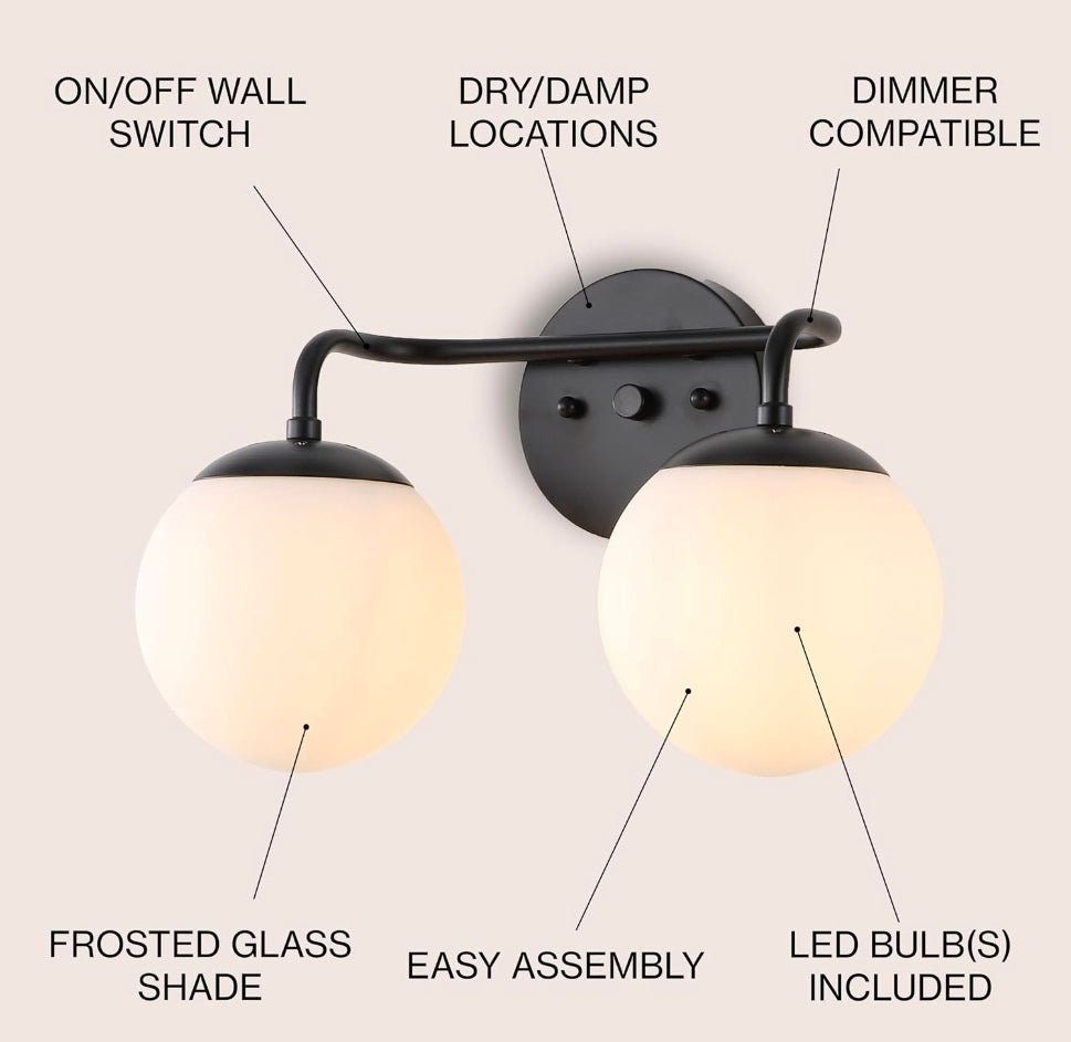 Louis Parisian Globe 15" Vanity 2-Light, Black White Frosted Glass Shade, Midcentury Parisian Bistro Style, Metal Wall Lamp, Dimmable, Hardwired, LED Bulbs Included - Horizon Endless
