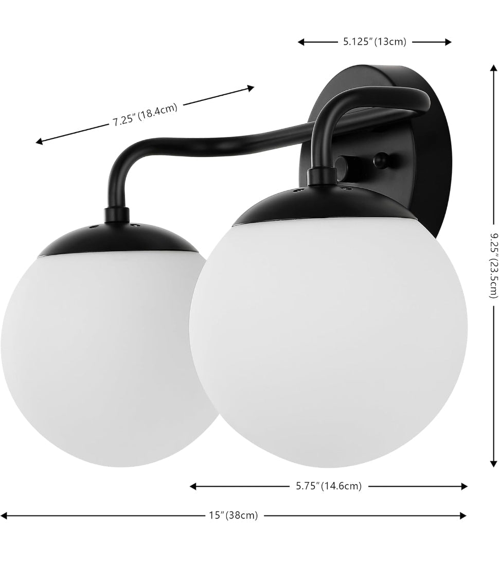 Louis Parisian Globe 15" Vanity 2-Light, Black White Frosted Glass Shade, Midcentury Parisian Bistro Style, Metal Wall Lamp, Dimmable, Hardwired, LED Bulbs Included - Horizon Endless