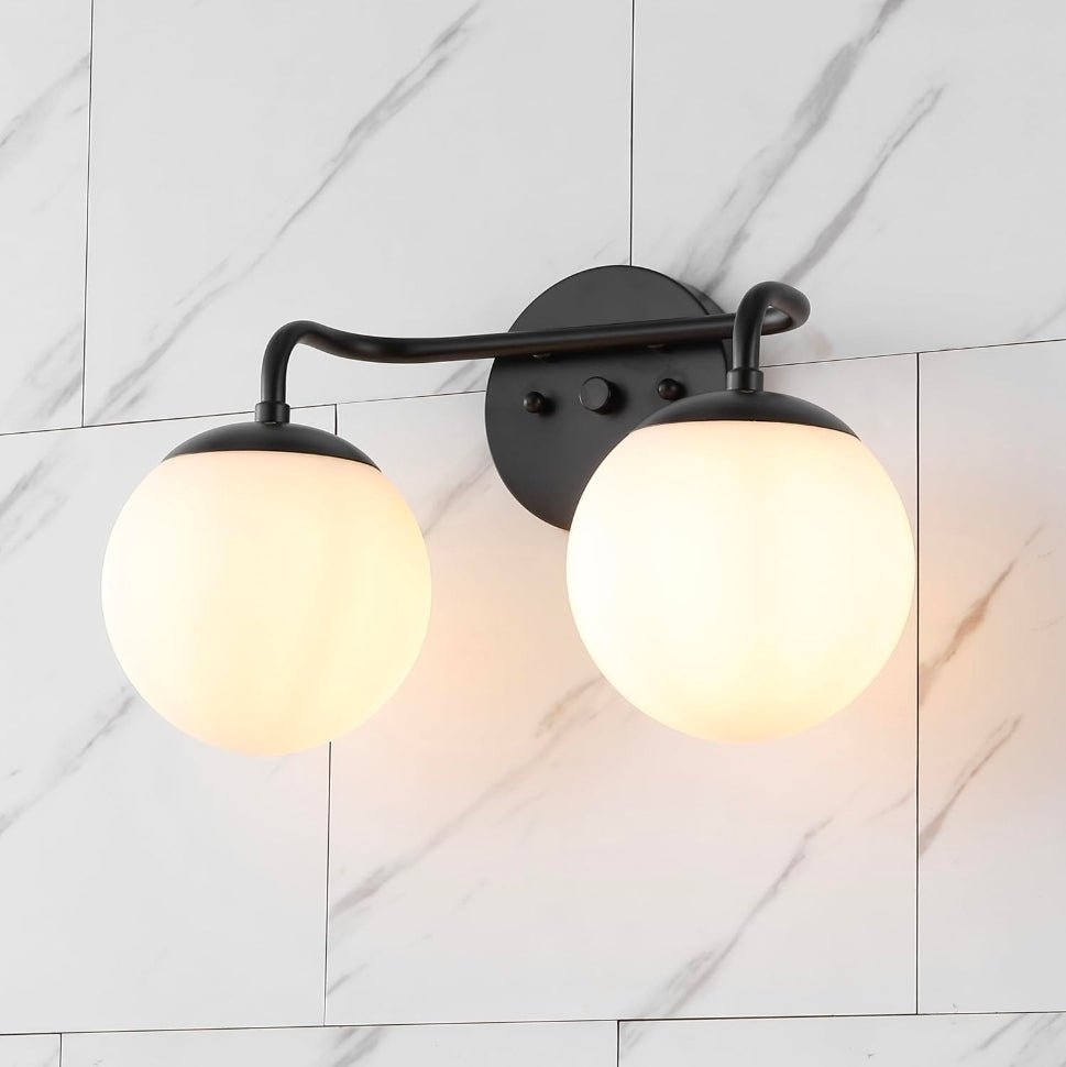 Louis Parisian Globe 15" Vanity 2-Light, Black White Frosted Glass Shade, Midcentury Parisian Bistro Style, Metal Wall Lamp, Dimmable, Hardwired, LED Bulbs Included - Horizon Endless