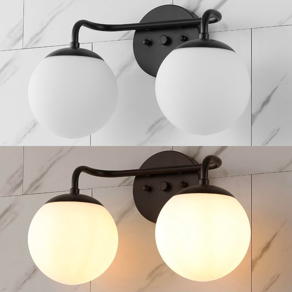 Louis Parisian Globe 15" Vanity 2-Light, Black White Frosted Glass Shade, Midcentury Parisian Bistro Style, Metal Wall Lamp, Dimmable, Hardwired, LED Bulbs Included - Horizon Endless