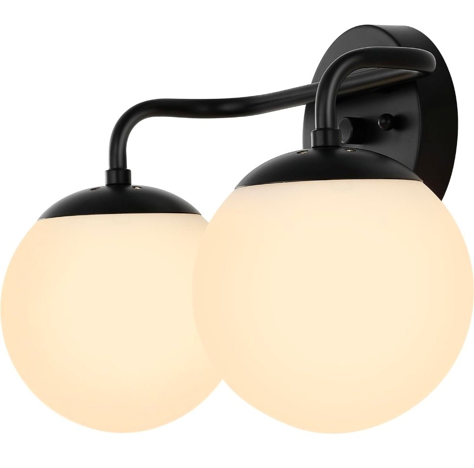 Louis Parisian Globe 15" Vanity 2-Light, Black White Frosted Glass Shade, Midcentury Parisian Bistro Style, Metal Wall Lamp, Dimmable, Hardwired, LED Bulbs Included - Horizon Endless