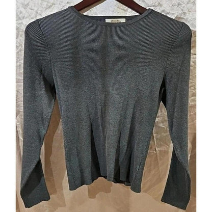 Michael Kors Gray Ribbed Knit Long Sleeve Top with Button Detail - L - Horizon Endless