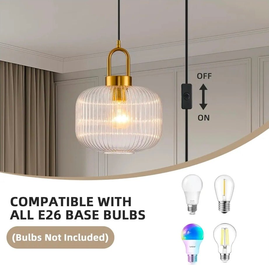 Mid Century Modern Glass Pendant Light, Handcrafted Ribbed Glass with Brushed Bronze Finish, Plug in Hanging Lamp for Kitchen Island Dining Room, 14.7ft Cord & E26 Base - Horizon Endless