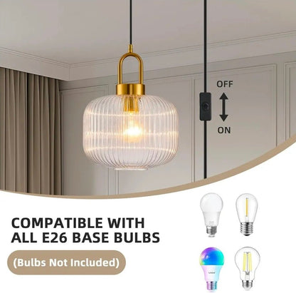 Mid Century Modern Glass Pendant Light, Handcrafted Ribbed Glass with Brushed Bronze Finish, Plug in Hanging Lamp for Kitchen Island Dining Room, 14.7ft Cord & E26 Base - Horizon Endless