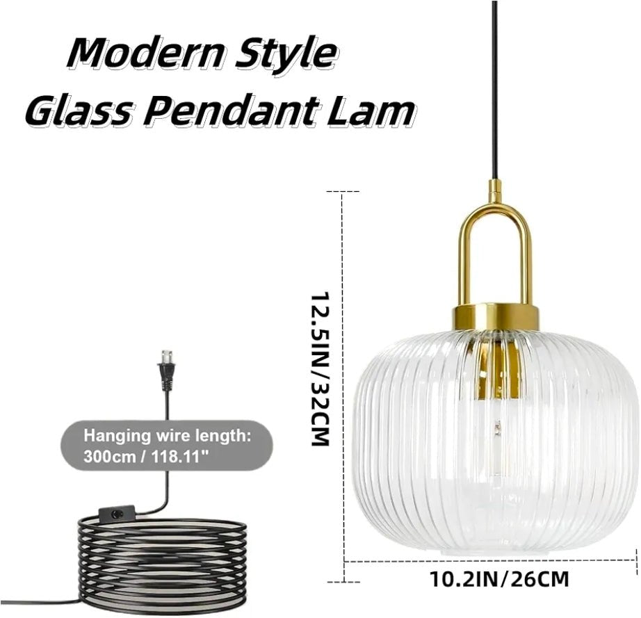 Mid Century Modern Glass Pendant Light, Handcrafted Ribbed Glass with Brushed Bronze Finish, Plug in Hanging Lamp for Kitchen Island Dining Room, 14.7ft Cord & E26 Base - Horizon Endless