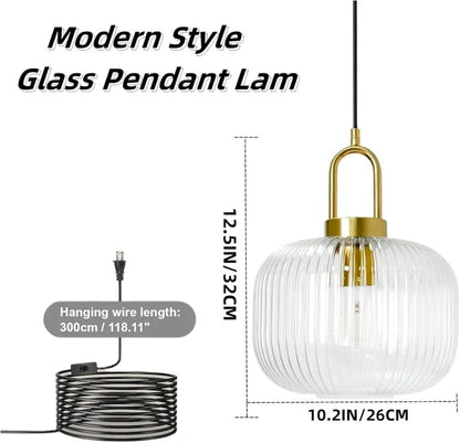 Mid Century Modern Glass Pendant Light, Handcrafted Ribbed Glass with Brushed Bronze Finish, Plug in Hanging Lamp for Kitchen Island Dining Room, 14.7ft Cord & E26 Base - Horizon Endless