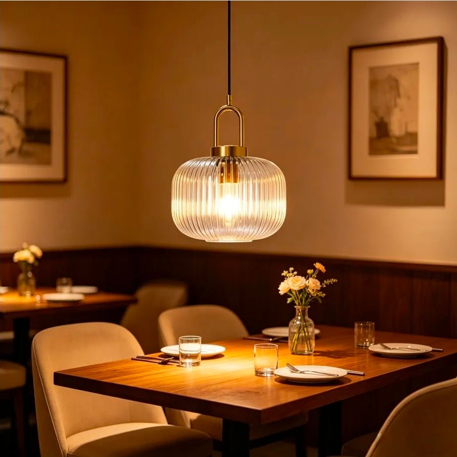 Mid Century Modern Glass Pendant Light, Handcrafted Ribbed Glass with Brushed Bronze Finish, Plug in Hanging Lamp for Kitchen Island Dining Room, 14.7ft Cord & E26 Base - Horizon Endless