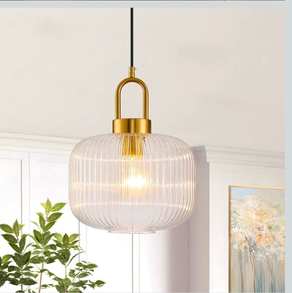 Mid Century Modern Glass Pendant Light, Handcrafted Ribbed Glass with Brushed Bronze Finish, Plug in Hanging Lamp for Kitchen Island Dining Room, 14.7ft Cord & E26 Base - Horizon Endless