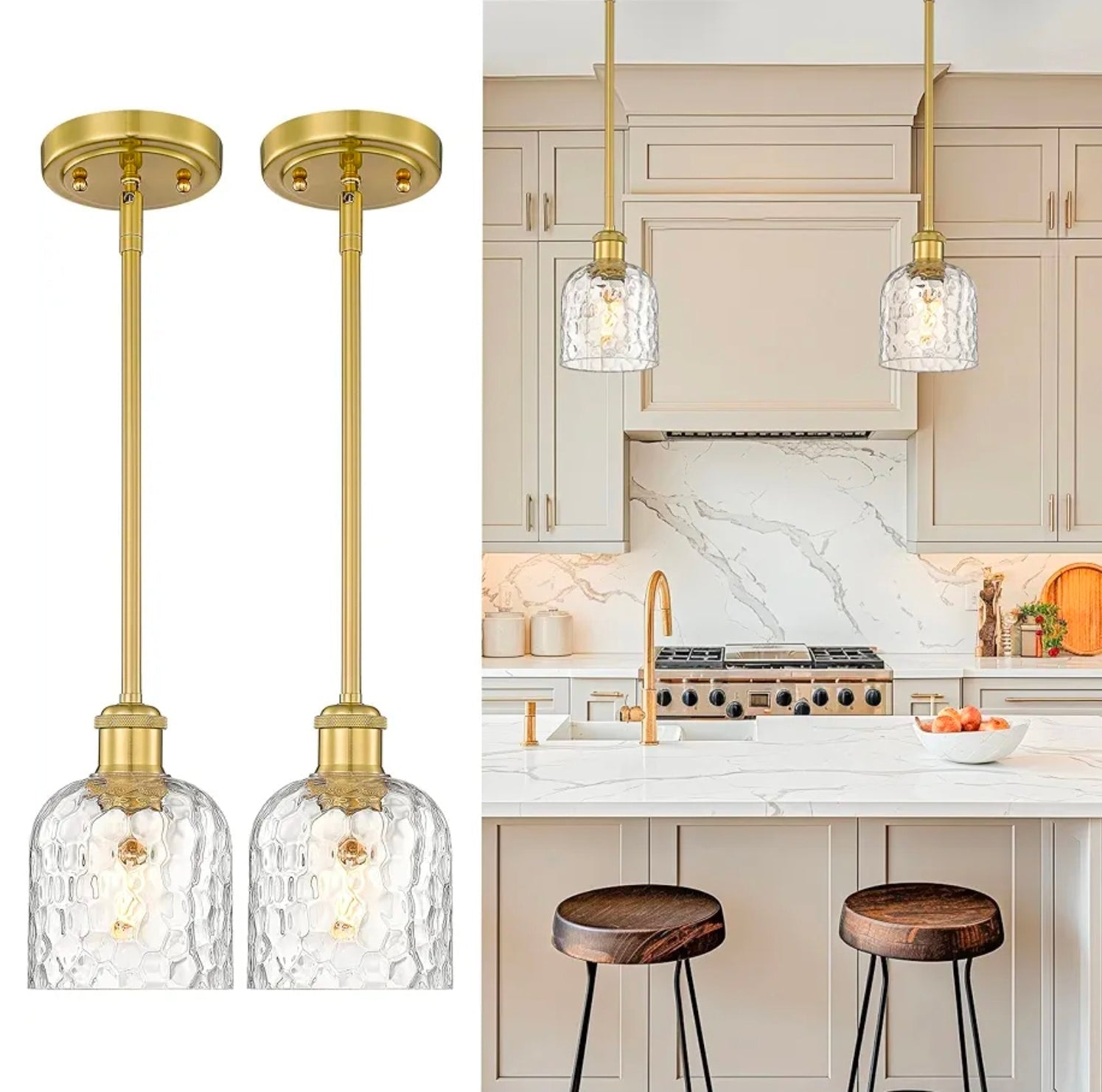 2-Pack Modern Gold Pendant Light Set with Clear Glass, Brushed Gold Finish - Horizon Endless