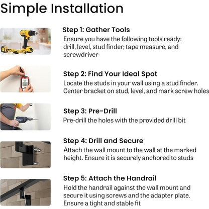 Modern Aluminum Handrail Complete DIY Kit Matte Black Adjustable Mounts 4' Lengt - Horizon Endless