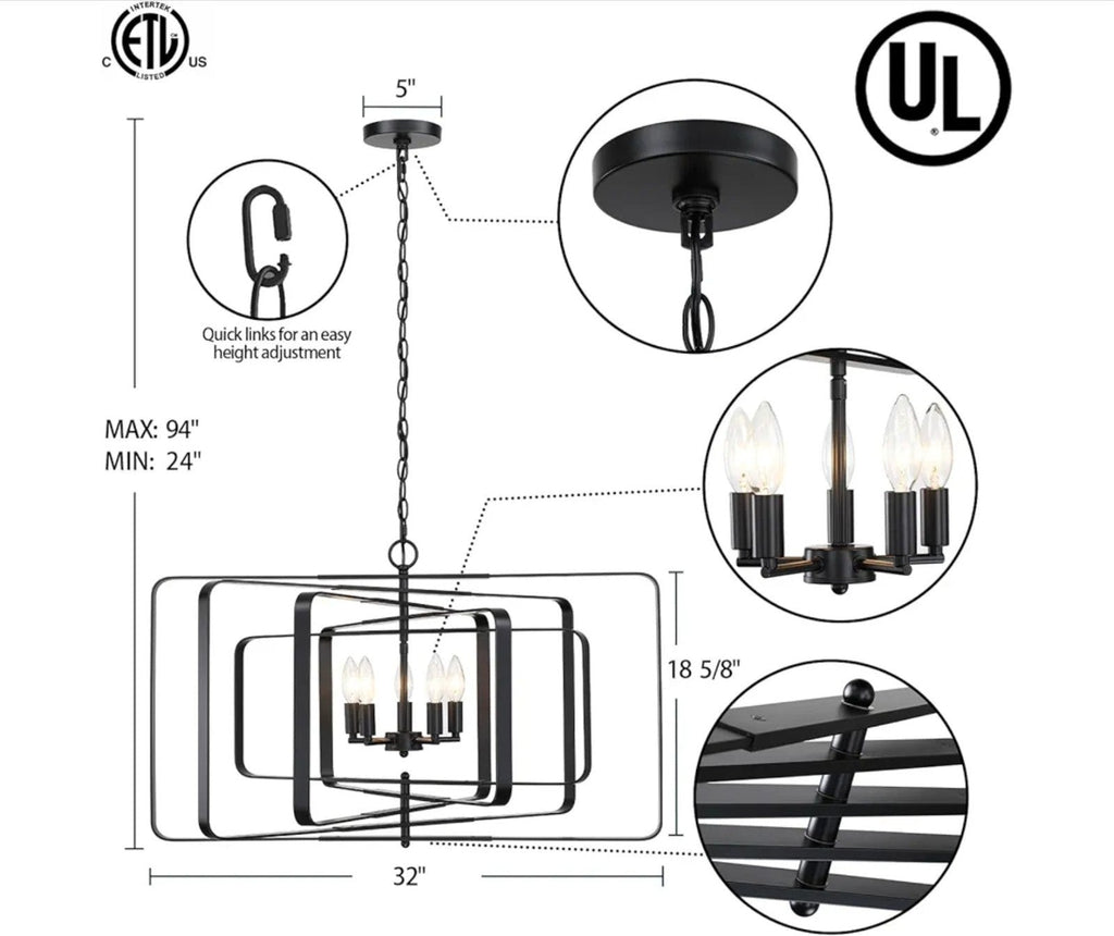 Modern Black Geometric Chandelier for Dining Room, Living Room, Kitchen 5 Light - Horizon Endless