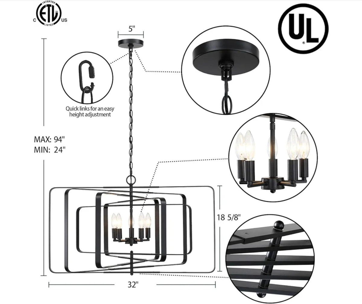 Modern Black Geometric Chandelier for Dining Room, Living Room, Kitchen 5 Light - Horizon Endless
