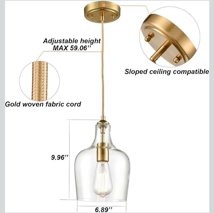 Modern Brushed Gold Pendant Light Fixtures Clear Glass Adjustable Cord Bell Shap - Horizon Endless