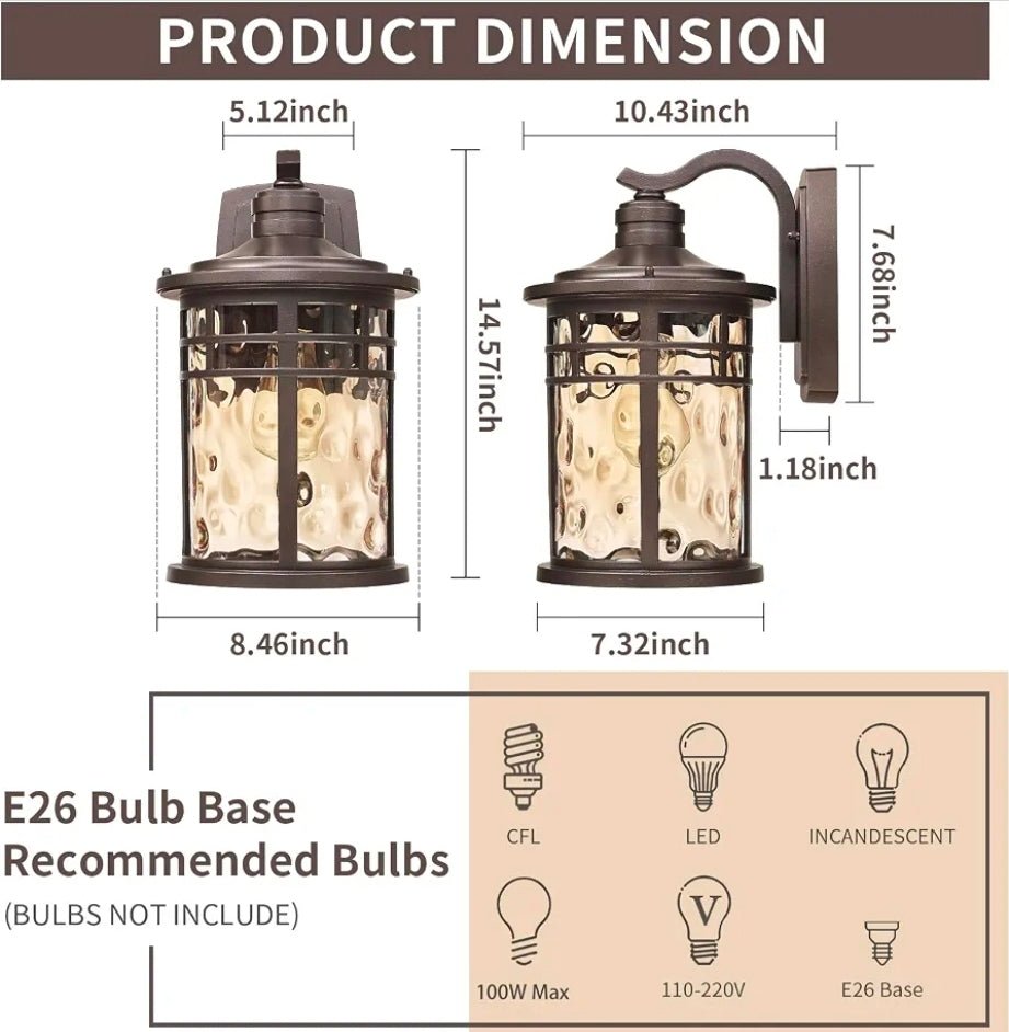 Outdoor Wall Light Fixture,14.57inch Large Outside Porch Lights Wall Mounted Amber Ripple Glass Modern Exterior Waterproof Wall Sconce Lighting for House Front Door Garage - Horizon Endless