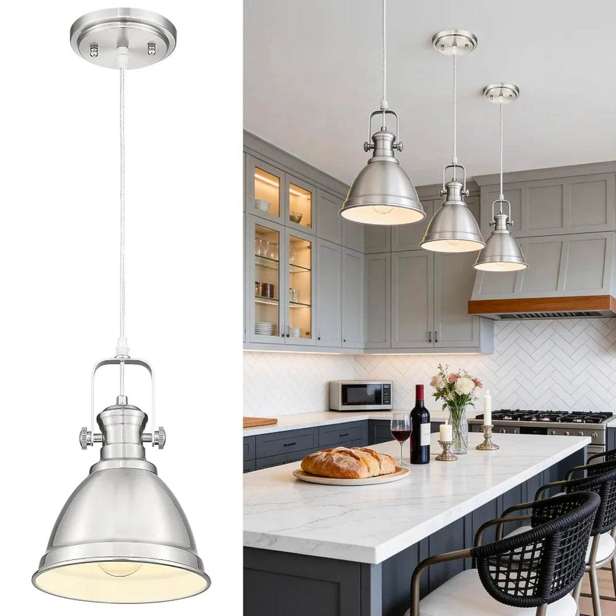 Farmhouse Pendant Lights - Brushed Nickel Kitchen Island Fixtures - Horizon Endless