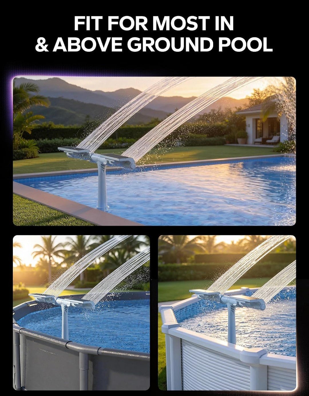 POOLHACKER Solar Pool Fountain with 10-Color LED Lights & Remote Control - Horizon Endless