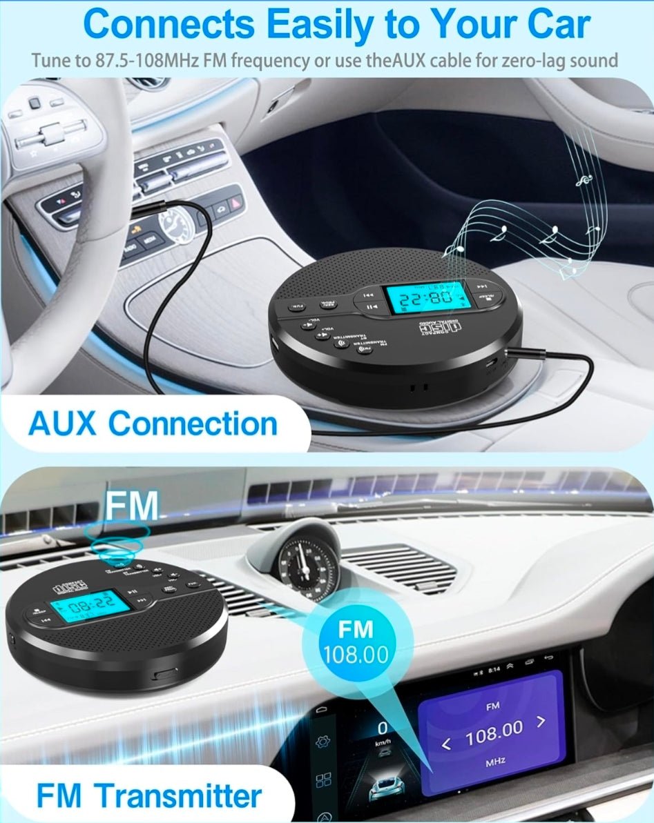 Portable CD Player with Bluetooth & Speaker, FM Transmitter for Car 9H Rechargeable with Anti-Skip, Supports CD/MP3, USB/AUX Output, CD Player with Headphones for Home/Road Trips/Seniors (Black - Horizon Endless