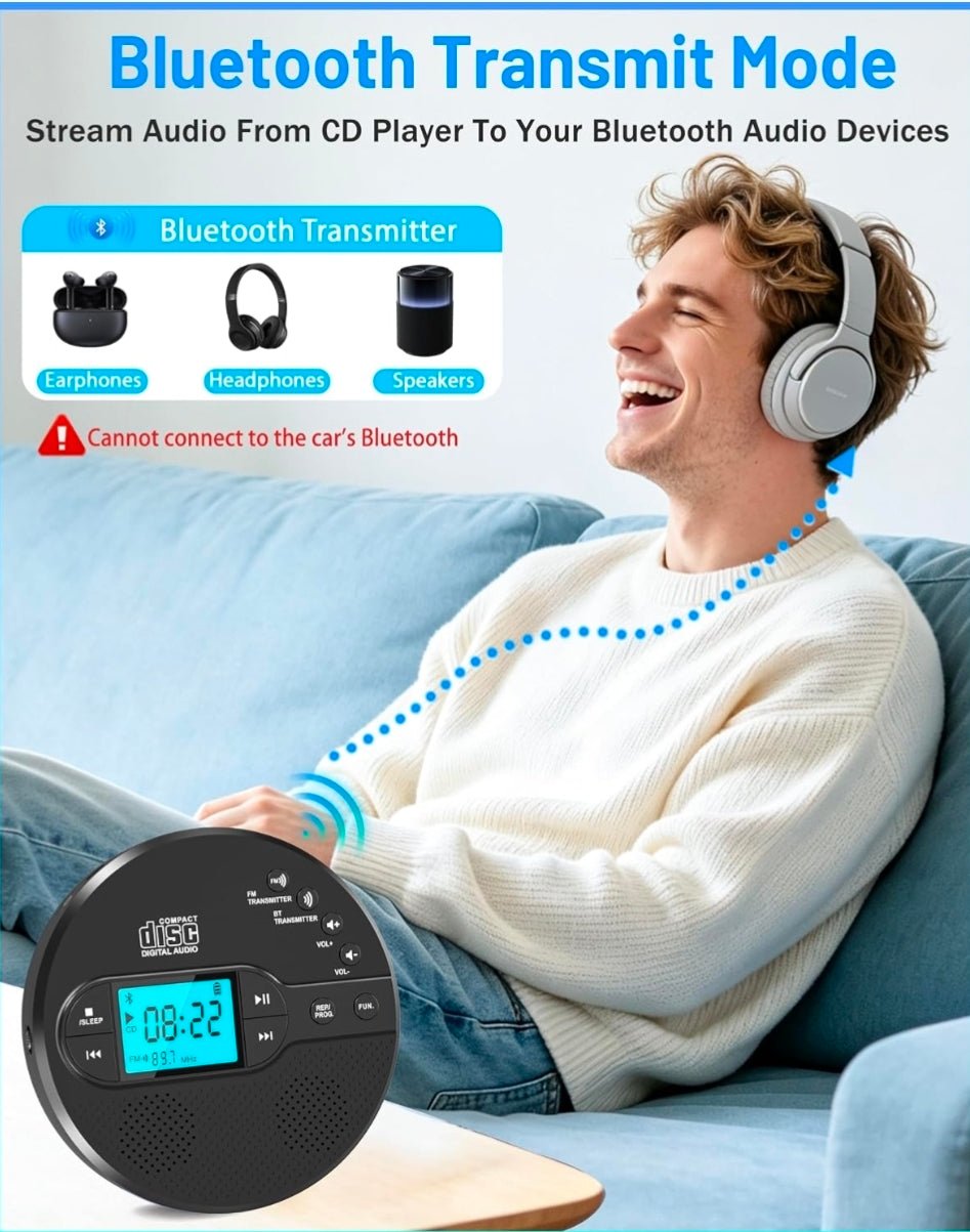 Portable CD Player with Bluetooth & Speaker, FM Transmitter for Car 9H Rechargeable with Anti-Skip, Supports CD/MP3, USB/AUX Output, CD Player with Headphones for Home/Road Trips/Seniors (Black - Horizon Endless