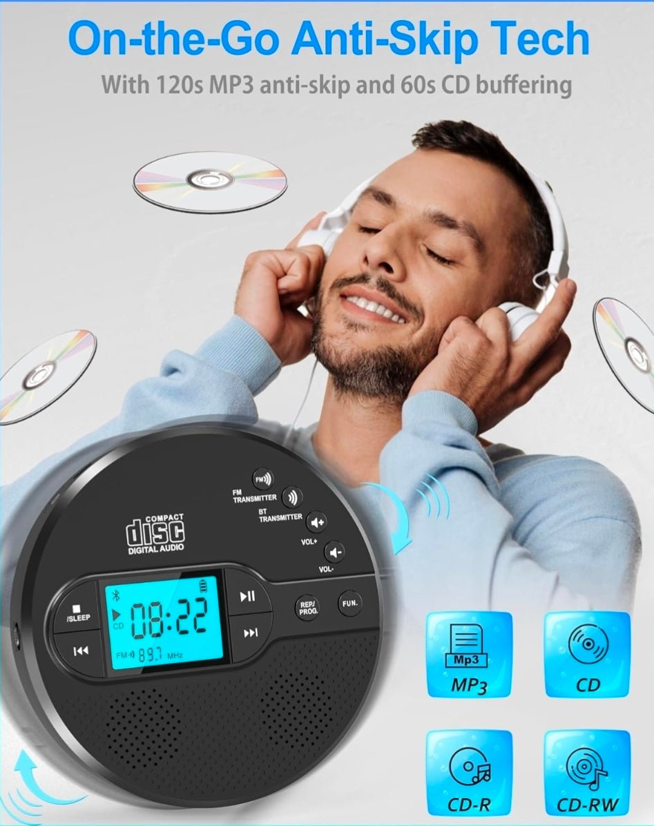 Portable CD Player with Bluetooth & Speaker, FM Transmitter for Car 9H Rechargeable with Anti-Skip, Supports CD/MP3, USB/AUX Output, CD Player with Headphones for Home/Road Trips/Seniors (Black - Horizon Endless