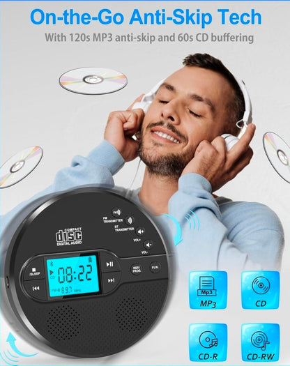 Portable CD Player with Bluetooth & Speaker, FM Transmitter for Car 9H Rechargeable with Anti-Skip, Supports CD/MP3, USB/AUX Output, CD Player with Headphones for Home/Road Trips/Seniors (Black - Horizon Endless