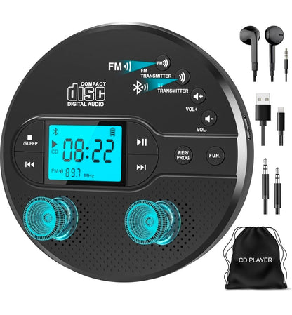 Portable CD Player with Bluetooth & Speaker, FM Transmitter for Car 9H Rechargeable with Anti-Skip, Supports CD/MP3, USB/AUX Output, CD Player with Headphones for Home/Road Trips/Seniors (Black - Horizon Endless