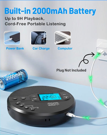 Portable CD Player with Bluetooth & Speaker, FM Transmitter for Car 9H Rechargeable with Anti-Skip, Supports CD/MP3, USB/AUX Output, CD Player with Headphones for Home/Road Trips/Seniors (Black - Horizon Endless