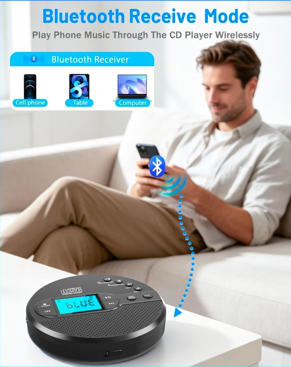 Portable CD Player with Bluetooth & Speaker, FM Transmitter for Car 9H Rechargeable with Anti-Skip, Supports CD/MP3, USB/AUX Output, CD Player with Headphones for Home/Road Trips/Seniors (Black - Horizon Endless