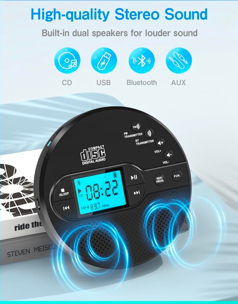 Portable CD Player with Bluetooth & Speaker, FM Transmitter for Car 9H Rechargeable with Anti-Skip, Supports CD/MP3, USB/AUX Output, CD Player with Headphones for Home/Road Trips/Seniors (Black - Horizon Endless