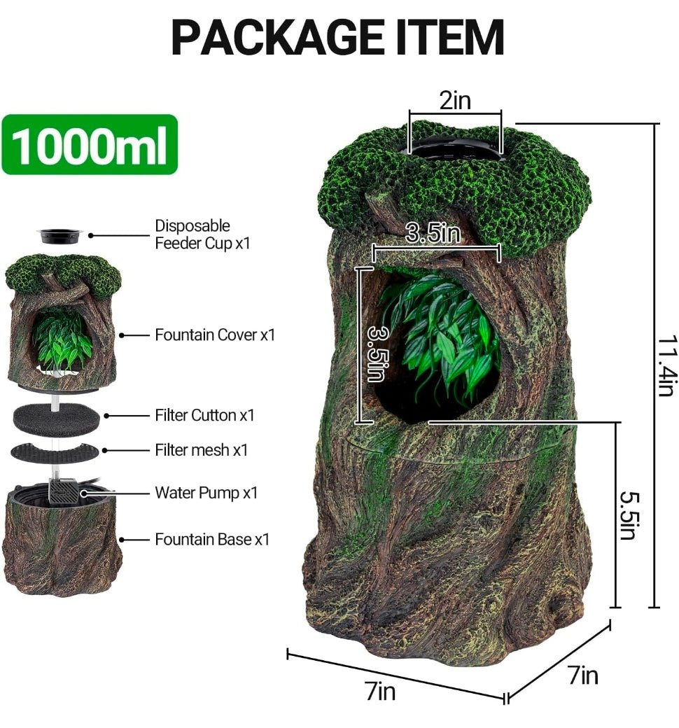 Reptile Waterfall Drinking Fountain with Food Dish, 1000ML Large Reptile Terrarium Water Dispenser for Bearded Dragon Chameleon Gecko Lizard Tree Frog - Horizon Endless