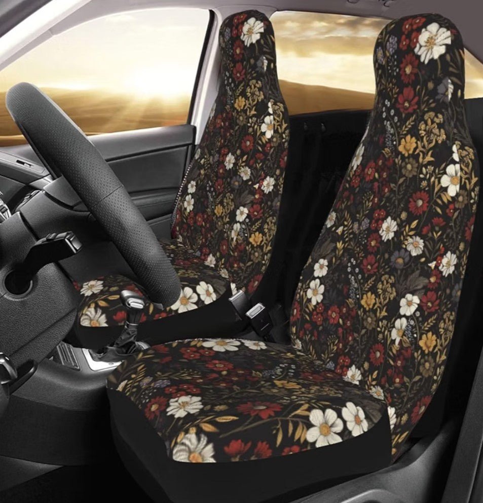 Retro Daisy Car Seat Covers 2 Pack, Brown Boho Floral Front Seat Cushions, Universal Bucket Seat Protectors for Cars SUVs Trucks - Horizon Endless