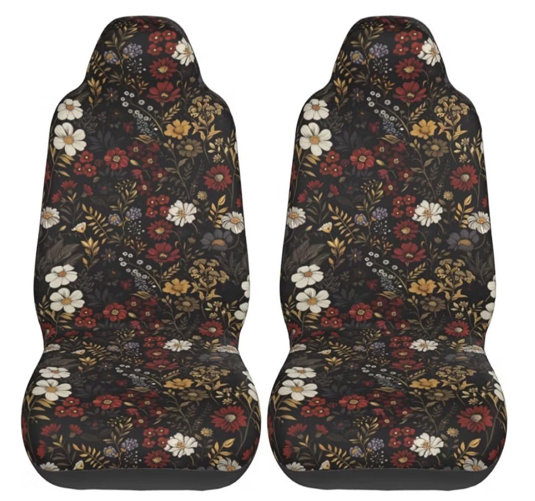 Retro Daisy Car Seat Covers 2 Pack, Brown Boho Floral Front Seat Cushions, Universal Bucket Seat Protectors for Cars SUVs Trucks - Horizon Endless