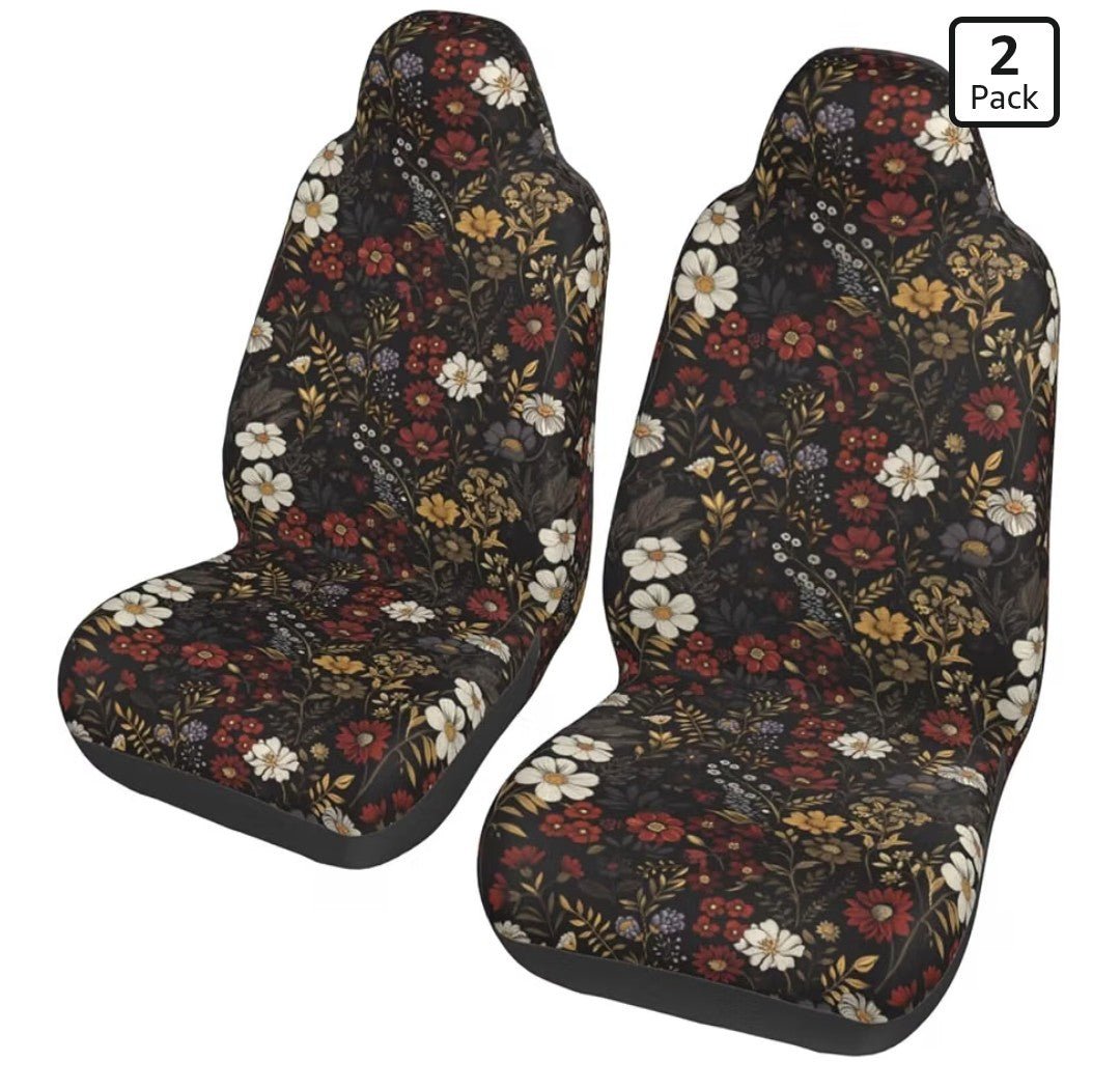 Retro Daisy Car Seat Covers 2 Pack, Brown Boho Floral Front Seat Cushions, Universal Bucket Seat Protectors for Cars SUVs Trucks - Horizon Endless