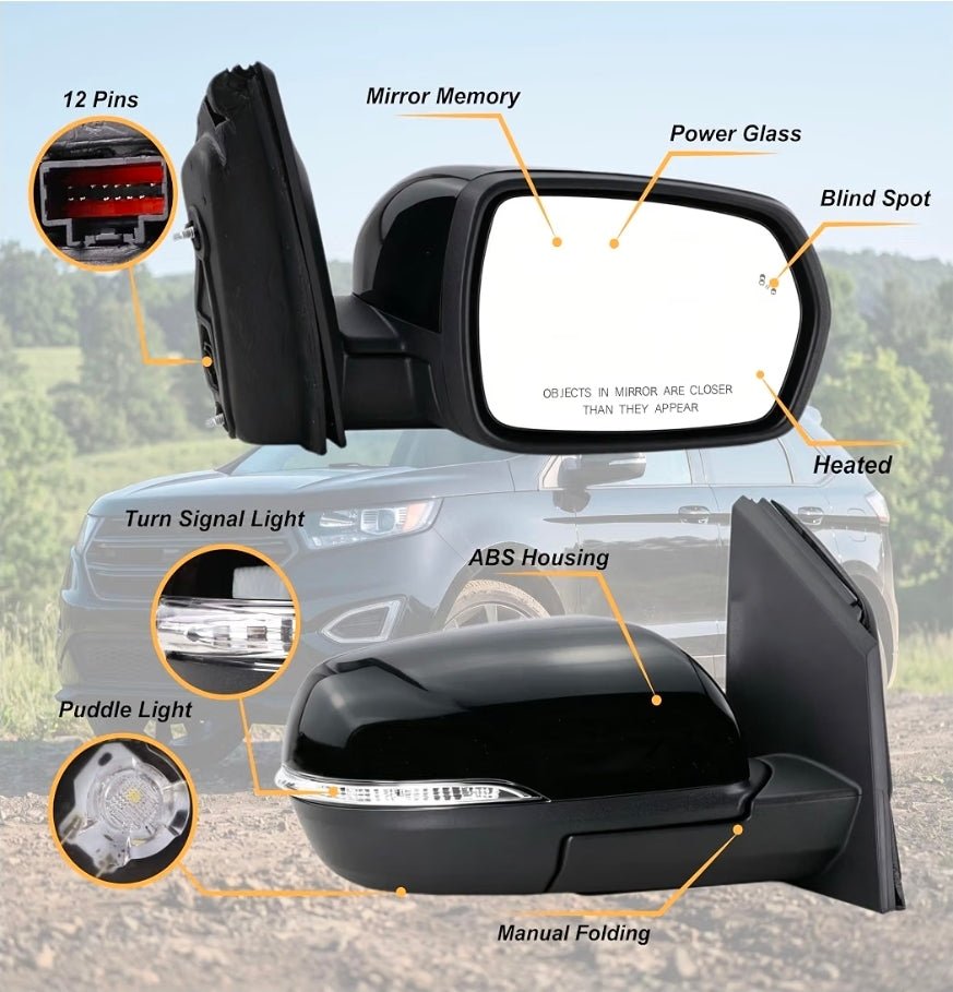 Right Passenger Side Mirror Fits 2015 2016 2017 2018 2019 2020 2021 2022 2023 2024 Ford Edge With Manual Folding Heated Turn Signal Puddle Light Blind Spot Black Replace#JT4Z-17682-FB(9Pins) - Horizon Endless