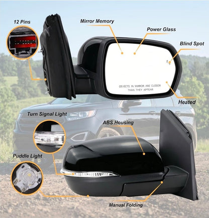 Right Passenger Side Mirror Fits 2015 2016 2017 2018 2019 2020 2021 2022 2023 2024 Ford Edge With Manual Folding Heated Turn Signal Puddle Light Blind Spot Black Replace#JT4Z-17682-FB(9Pins) - Horizon Endless