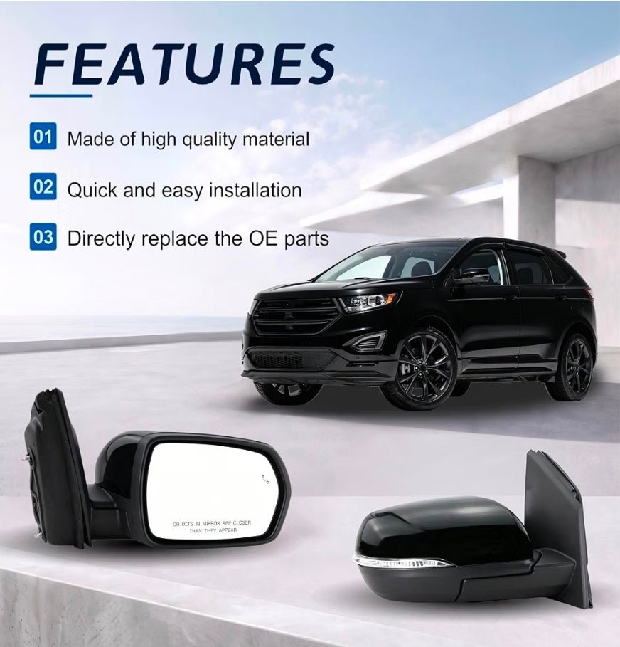 Right Passenger Side Mirror Fits 2015 2016 2017 2018 2019 2020 2021 2022 2023 2024 Ford Edge With Manual Folding Heated Turn Signal Puddle Light Blind Spot Black Replace#JT4Z-17682-FB(9Pins) - Horizon Endless