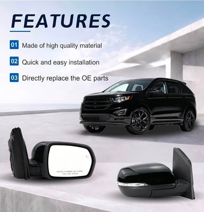 Right Passenger Side Mirror Fits 2015 2016 2017 2018 2019 2020 2021 2022 2023 2024 Ford Edge With Manual Folding Heated Turn Signal Puddle Light Blind Spot Black Replace#JT4Z-17682-FB(9Pins) - Horizon Endless