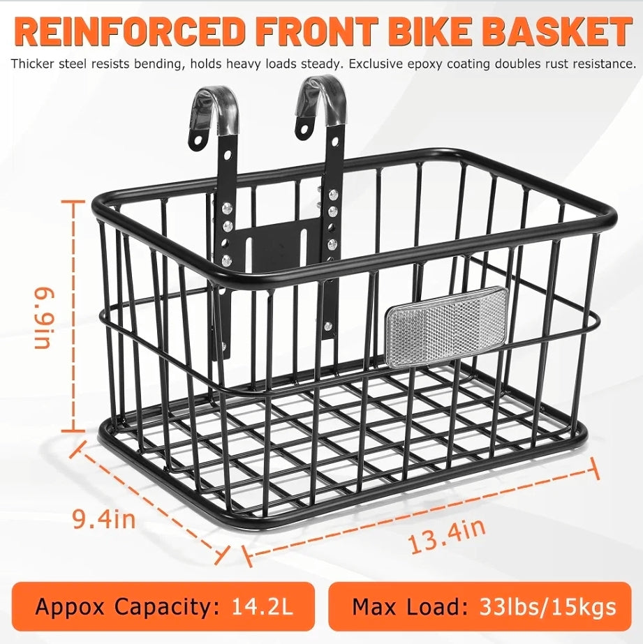 Bike Basket Front with Removable Liner Bag, Large Bicycle Front Basket for Men Women, Heavy Duty Metal Bike Cargo Basket for Adult Bikes, Ebike, Electric Bike, Mountain Bike, City Bike, Cruiser