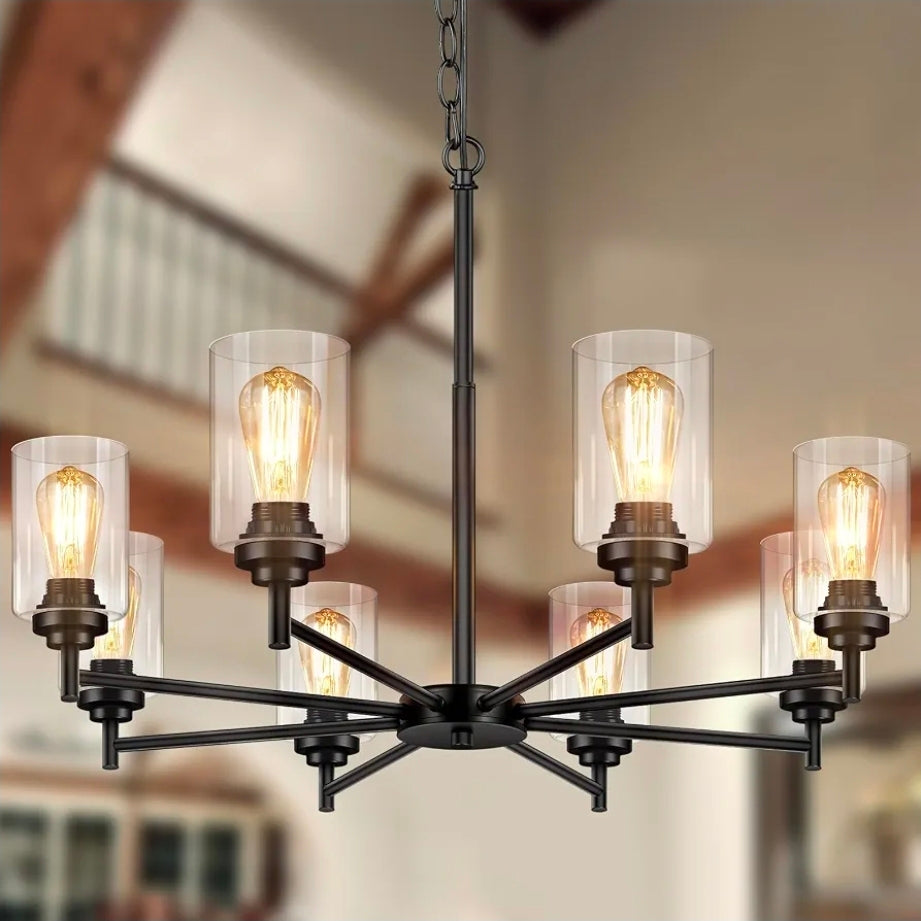 D33.5" Chandelier for Dining Room, 8-Light Black Kitchen Light Fixture
Hanging Height Adjustable, Modern Farmhouse Style, Clear Glass Shade & Durable Metal, Quick & Easy Installation