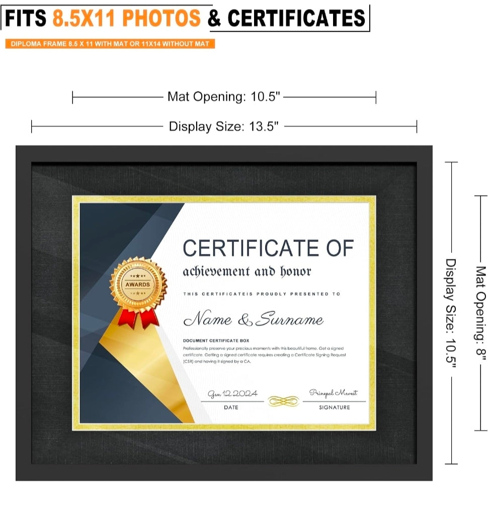 11x14 Black Diploma Frames,Gold & Black Mats,Real Glass
Wall or Tabletop Display,Display 8.5x11 with Mat or 11x14 Without Mat,Black Backboard, 2 Pack