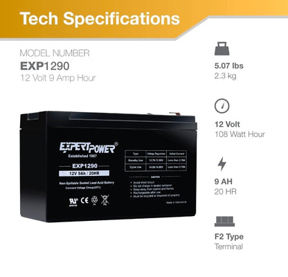 ExpertPower EXP1290, 2 Pack 12V 9AH SLA AGM Rechargeable 12V Battery Backup
12 Volt Batteries for Alarm, Speaker, Ride on Toys, APC Backup UPS Battery Replacement, Replaces UB1290, F2 Terminals